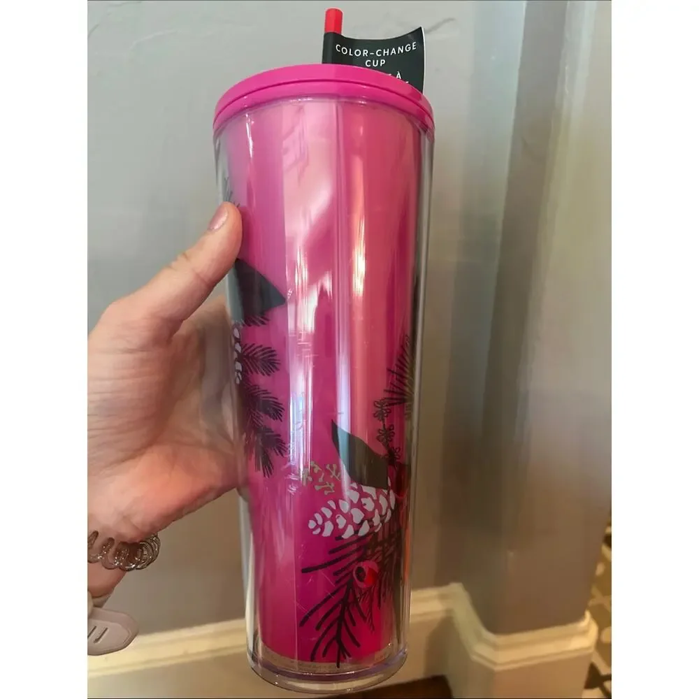 Starbucks Holiday Hot Pink Floral Color-Change Tumbler with Straw